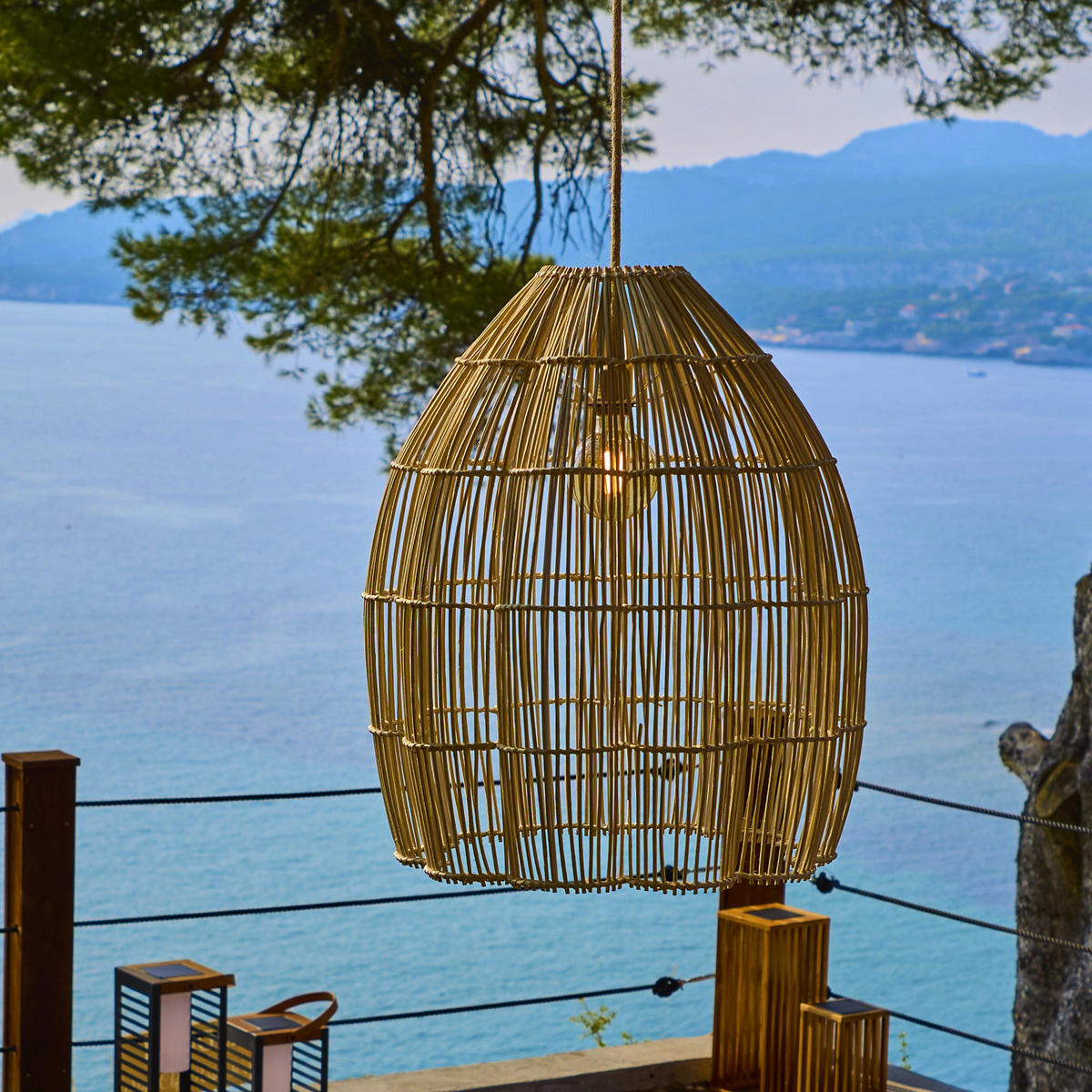 AVILA Solar-Pendelleuchte, 50 cm Durchmesser, 5 m Länge - Beige, Holz (60/60/50cm) - Lumisky