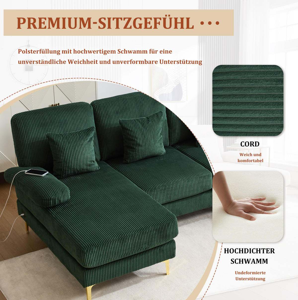 U-FORM Wohnlandschaft Samt mit LED und USB-Anschluss 265/135/88 cm Smaragdgrün - Smaragdgrün, Textil (135/88/265cm) - Redom