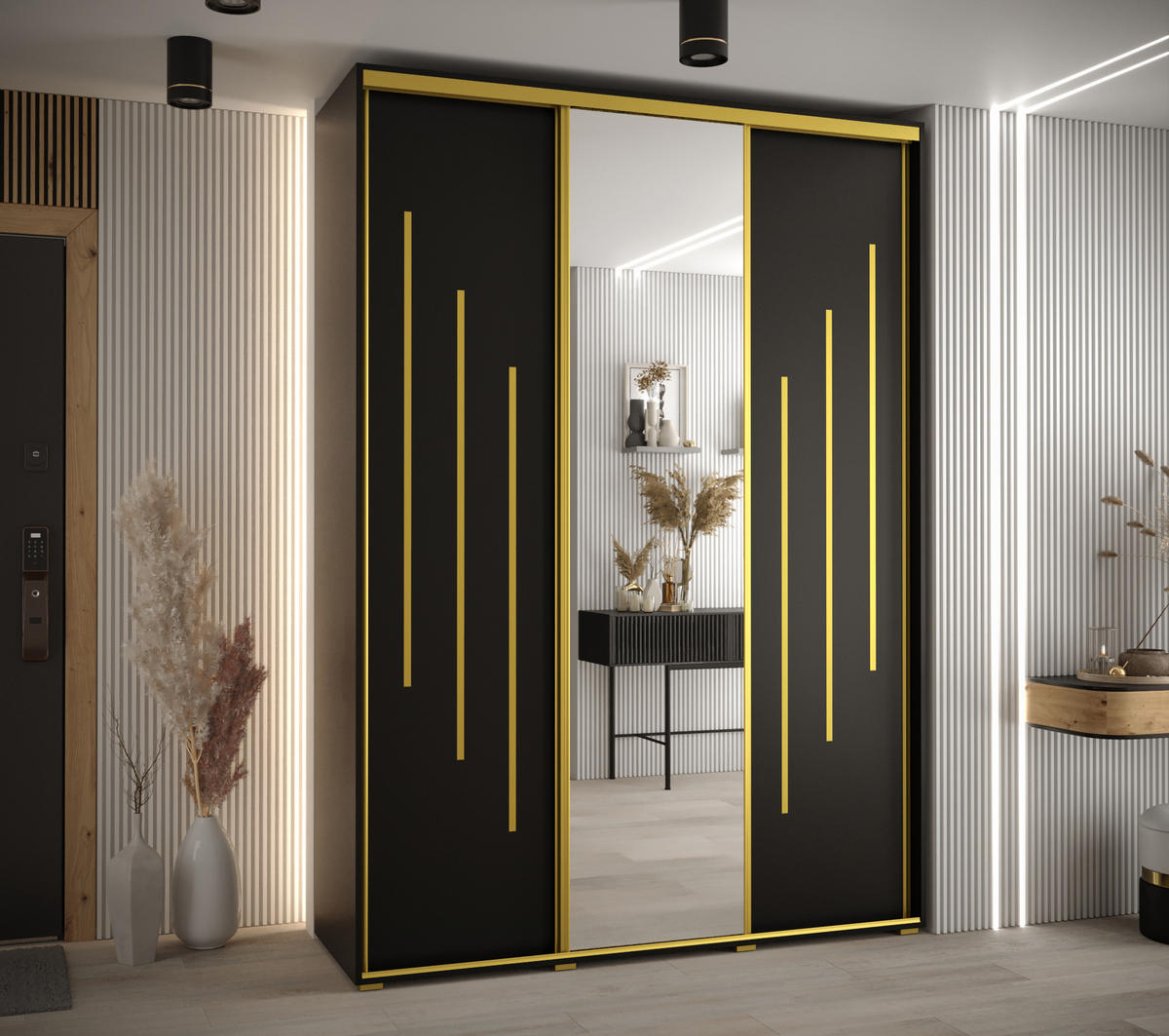 SCHWEBETÜRENSCHRANK 235,2/180/60 3-türig - Goldfarben/Schwarz, Holz/Metall (180/235/60cm) - Abiks Möbel