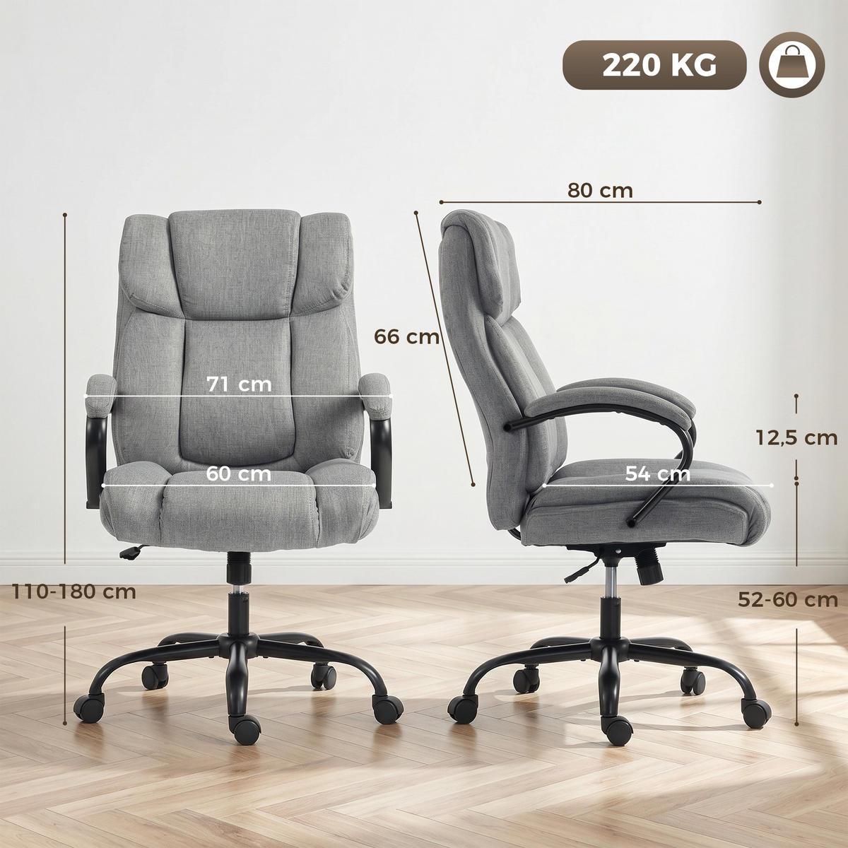 KANCELÁŘSKÁ ŽIDLE Kancelářská židle s nastavitelnou výškou Nosnost 220 kg Světle šedá - světle šedá, plast (72.5/118/80cm) - Vinsetto