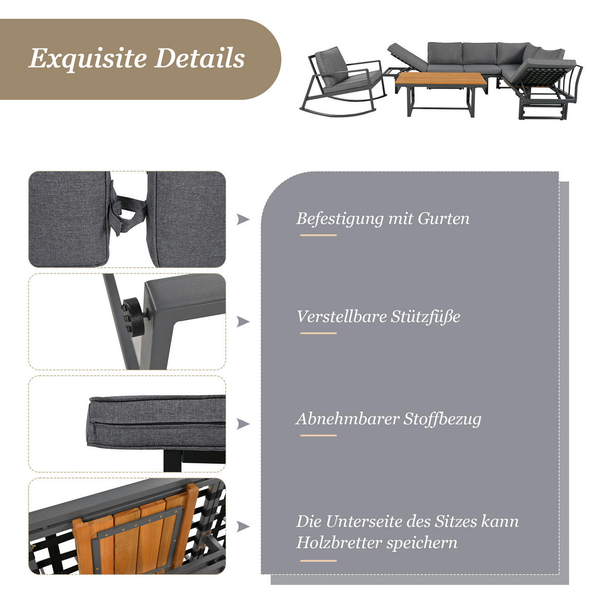 GARTENLOUNGE-SET mit 2 Sofas, Tisch Gartenlounge Set mit aller Sitzkissen und Kissen - Naturfarben/Grau, Holzwerkstoff/Textil - STILVORA