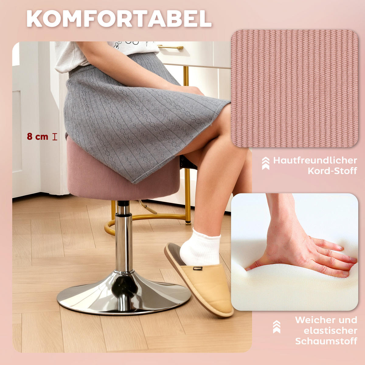 BARHOCKER, 360° Drehbar, Rosa - Rosa, Kunststoff (38/66/38cm) - HOMCOM