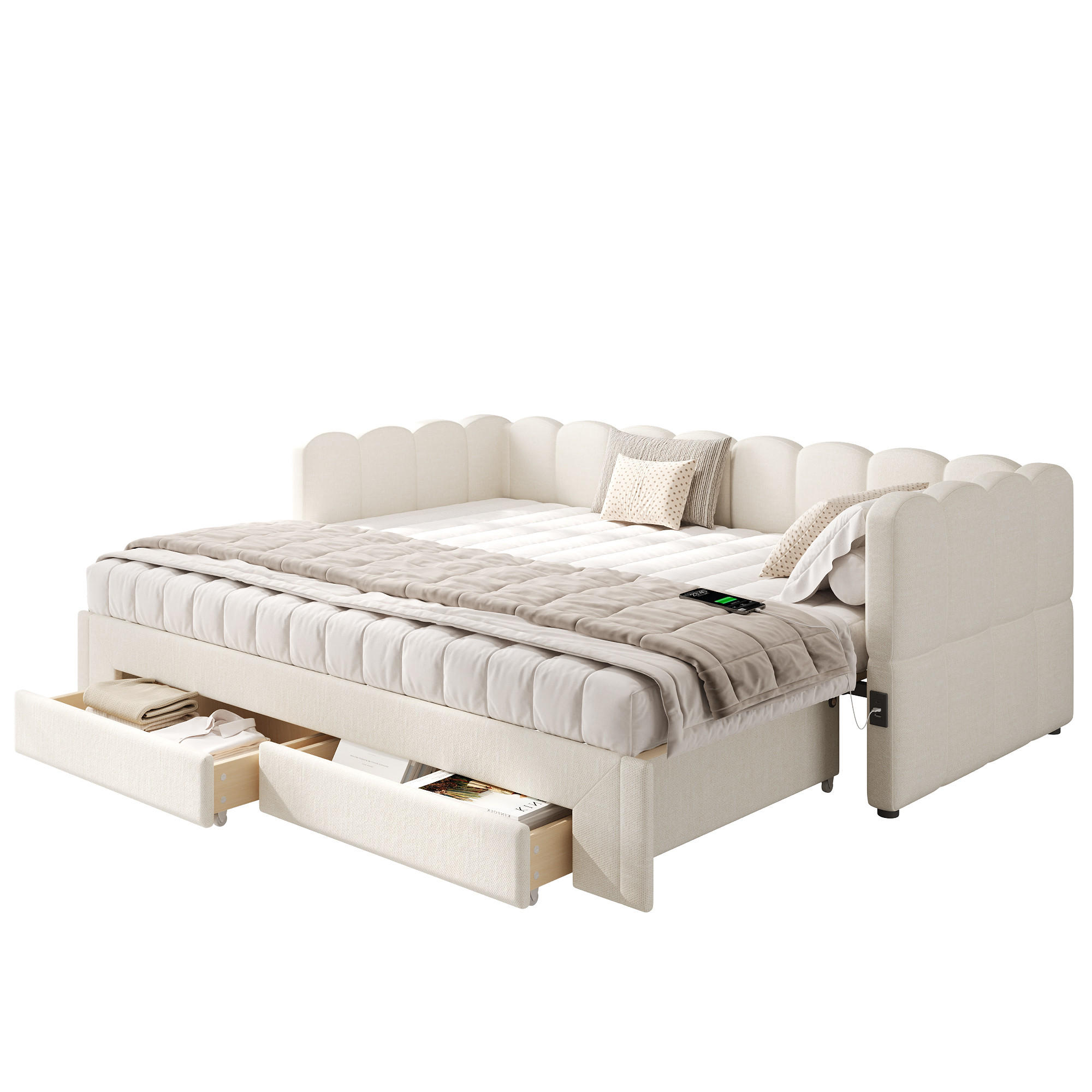 POLSTERBETT 90/200 cm beige aus Leinen mit Ausziehfunktion und USB-Anschluss - Weiß, Textil (90/200cm) - OKWISH