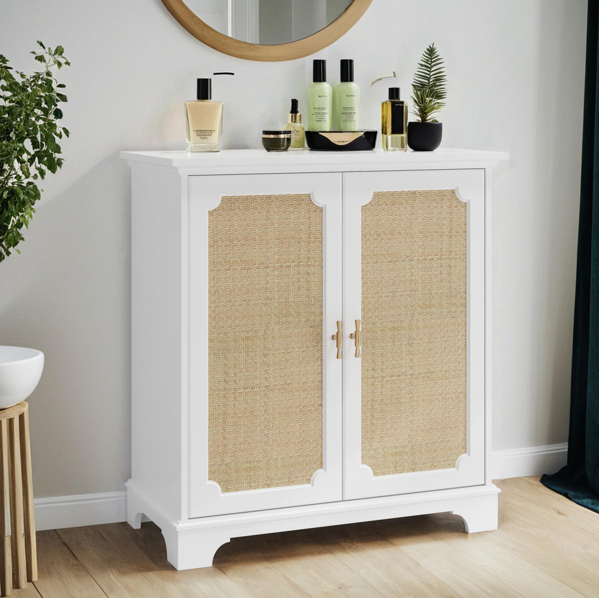 KOMMODE 80/38/86 cm, Rattan-Türen, Weiß, MDF/Spanplatte mit Massivholzbeinen, viel Stauraum, Weiß - Weiß, Holzwerkstoff (80/86/38cm) - Redom
