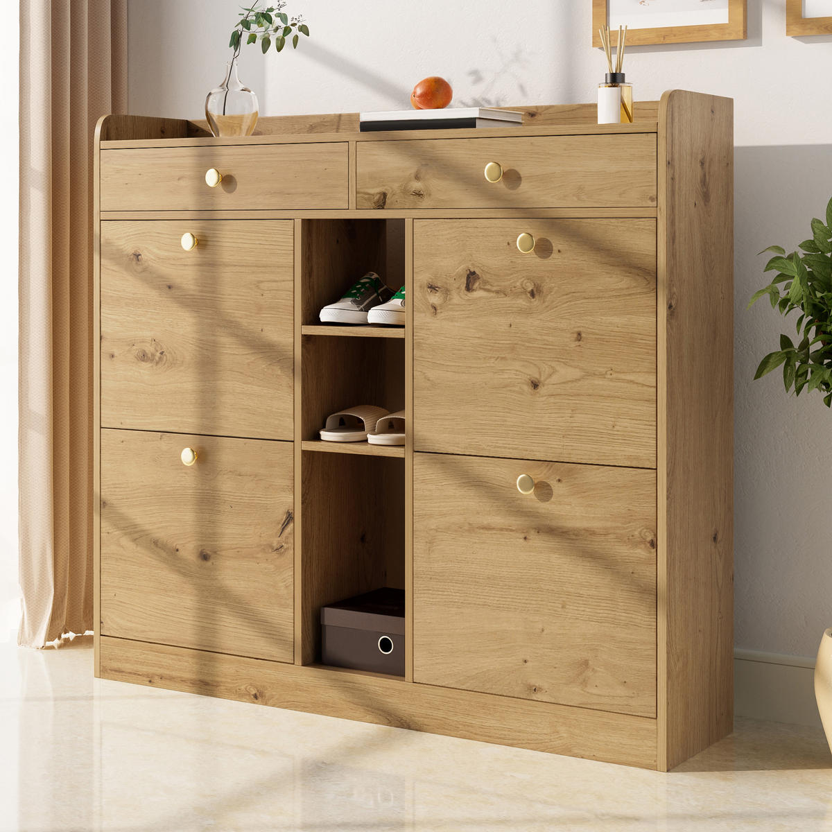 SCHUHSCHRANK 4 Klappen 2 Schubladen 110x26x100 cm - Naturfarben, Holzwerkstoff (110/100/26cm) - LEBENLANG