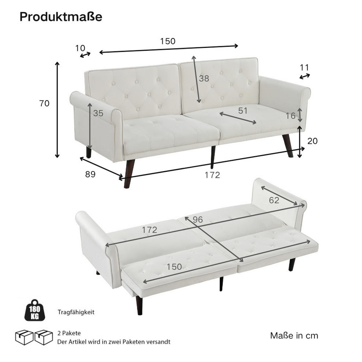 SCHLAFSOFA 2-Sitzer verstellbar 2-in-1 Beige - Beige, Holzwerkstoff (172/70/89cm) - Meubliv