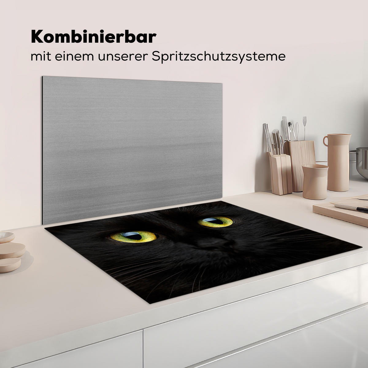 HERDABDECKPLATTE Katze - Augen - Gelb - Schwarz Induktionsmatte 77x59 cm - Schwarz, Kunststoff (77/59/0.2cm) - MuchoWow