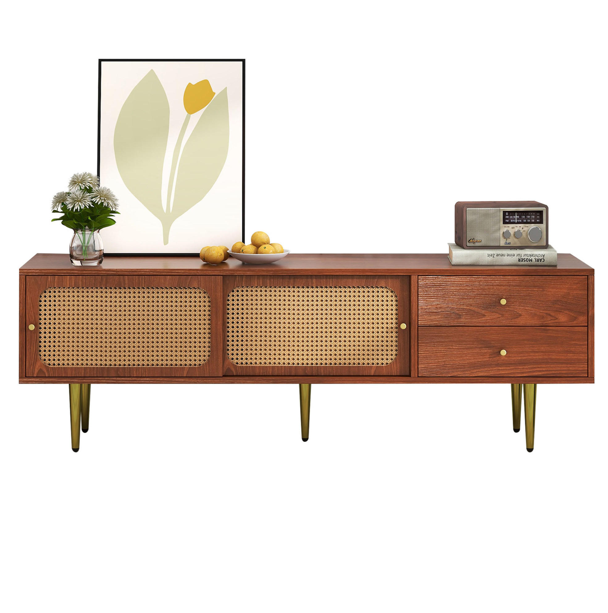LOWBOARD 160/40/60 cm aus MDF mit Rattan-Schiebetüren Walnussfarben - Weiß, Holzwerkstoff (160/60/40cm) - Modenvie
