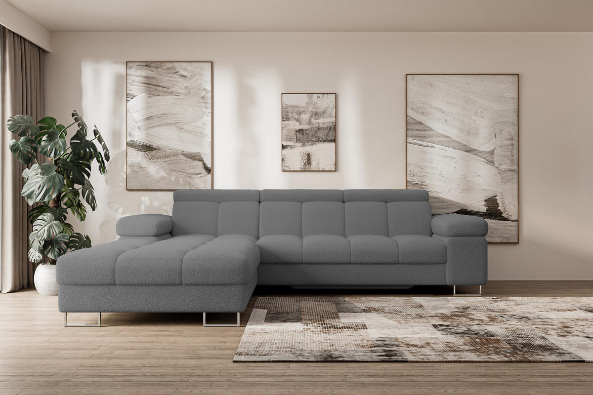ECKSOFA mit Schlaffunktion Ottomane Links COMA L 271x203x79 Grau Bouclé - Chromfarben, Holzwerkstoff/Textil (271/203cm) - ALTDECOR