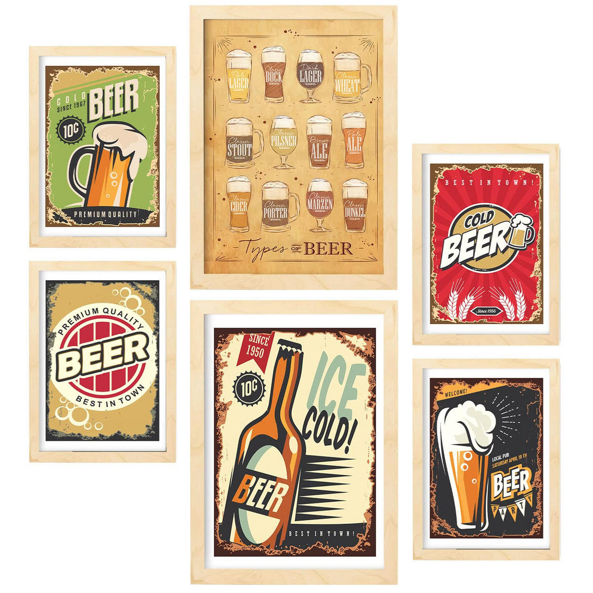 POSTER Set Mit 6 Bier-Retro-Werbung Größe A3 & A4 Rahmen aus hellem Holz - Beige, Papier (29.7/1cm) - Nacnic