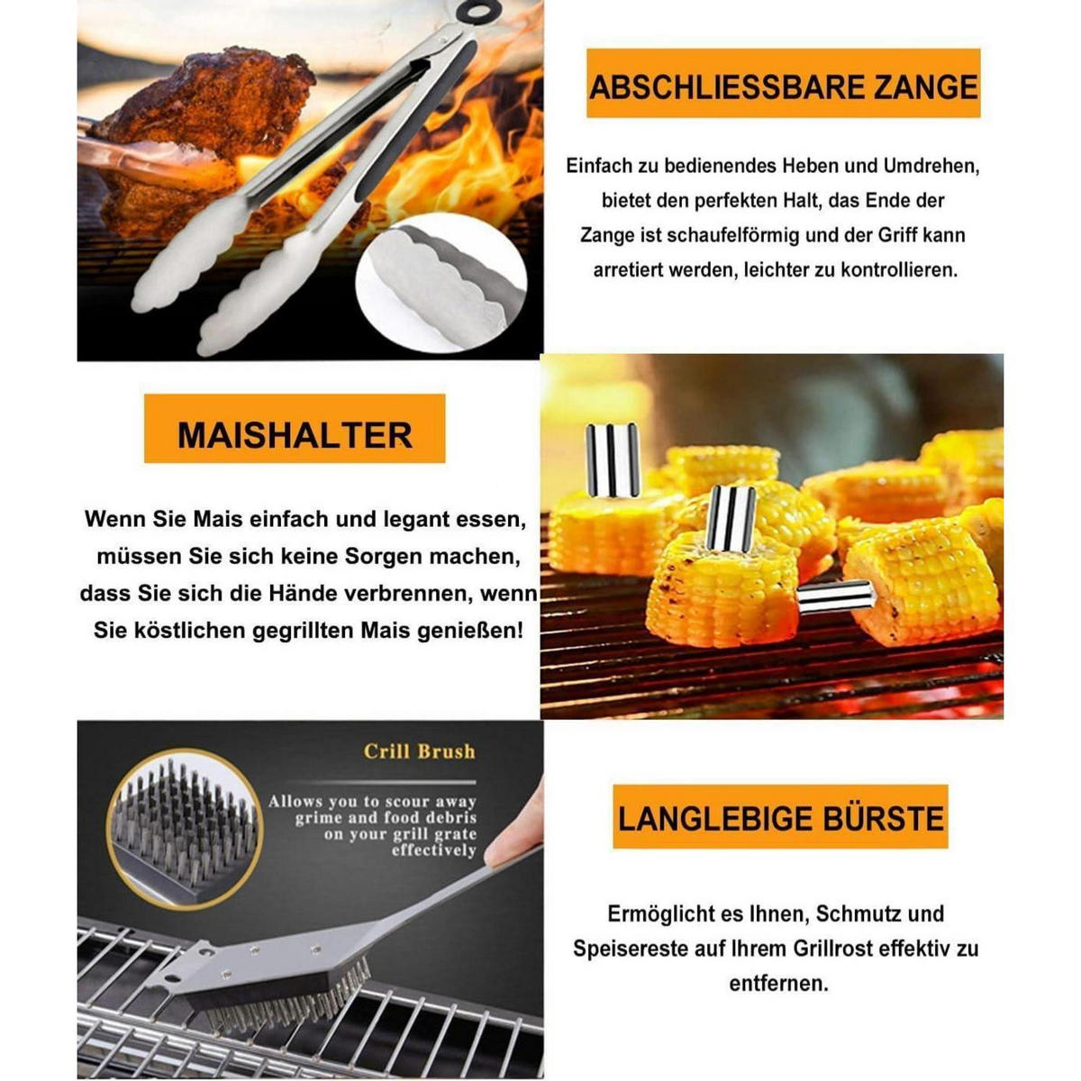 GRILLBESTECK Set 20-teilig Edelstahl mit Schürze und Koffer - Multicolor, Metall (38.3cm)