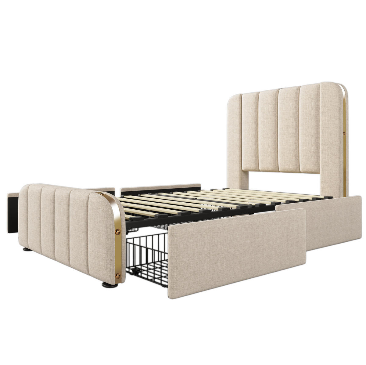 POLSTERBETT aus Leinen 90x200 cm in Beige mit Matratze & Typ-C-Ladefunktion - Beige, Textil (90/200cm) - Modfu