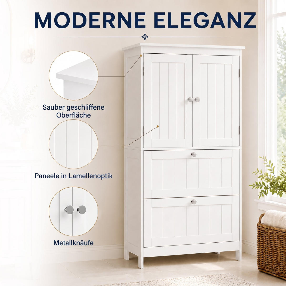 BADEZIMMERSCHRANK MDF Weiß - Weiß/Nickelfarben, Holzwerkstoff/Metall (30/110/60cm) - HOMCOM