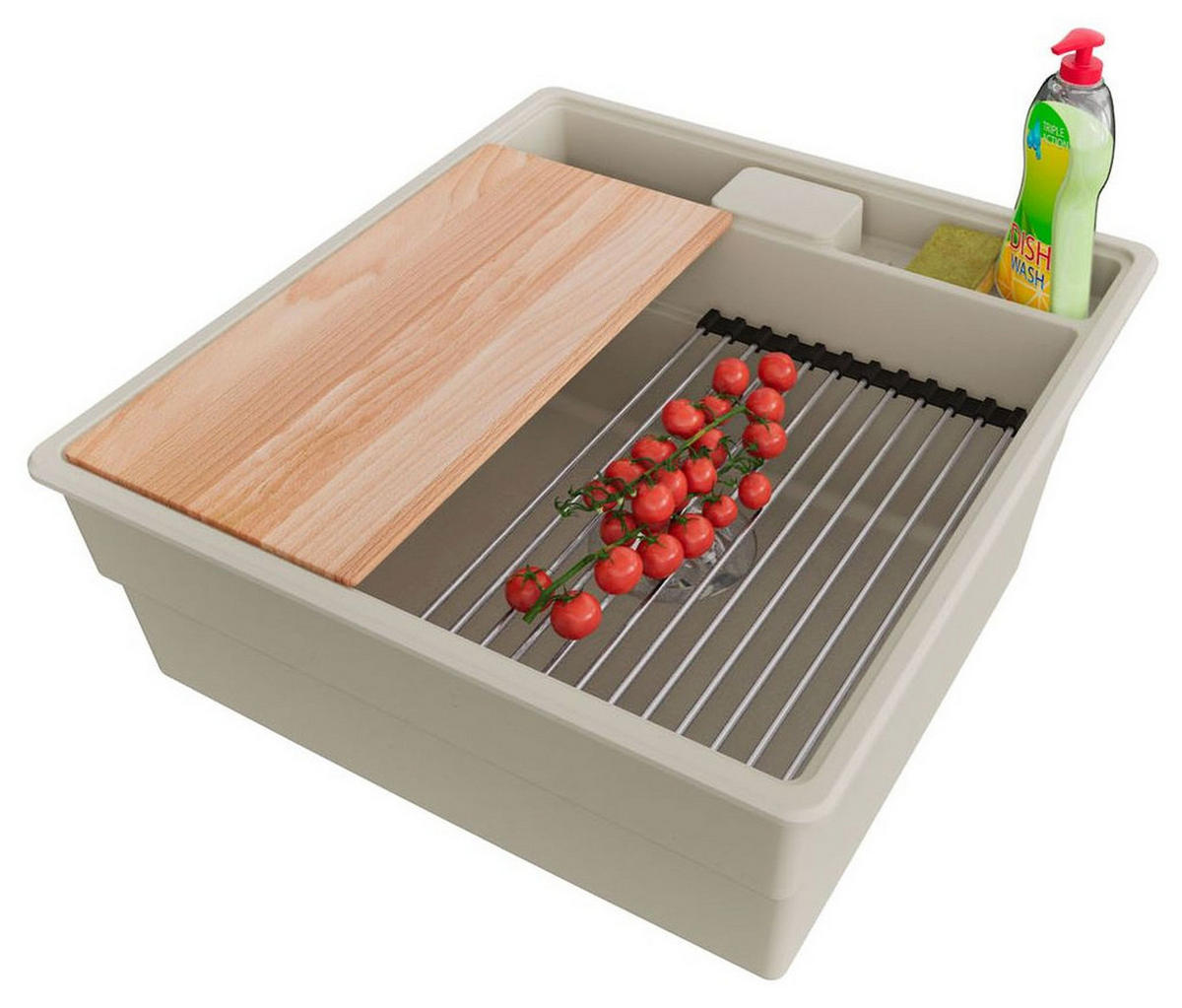 SPÜLBECKEN New York, 2-er set Beige 48/53 cm 1 Becken + Ablauf-Set + Küchenzubehörset ab 50er Unterschrank - Chromfarben/Beige, Kunststoff (48/20/53cm) - Primagran