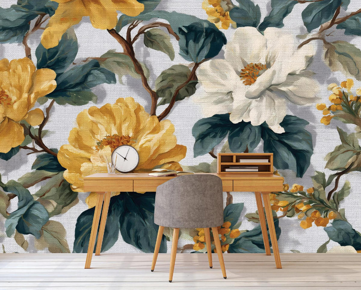 FOTOTAPETE Blumen Vintage Grün 350x250 cm - Multicolor, Papier (350/250cm) - Wallarena