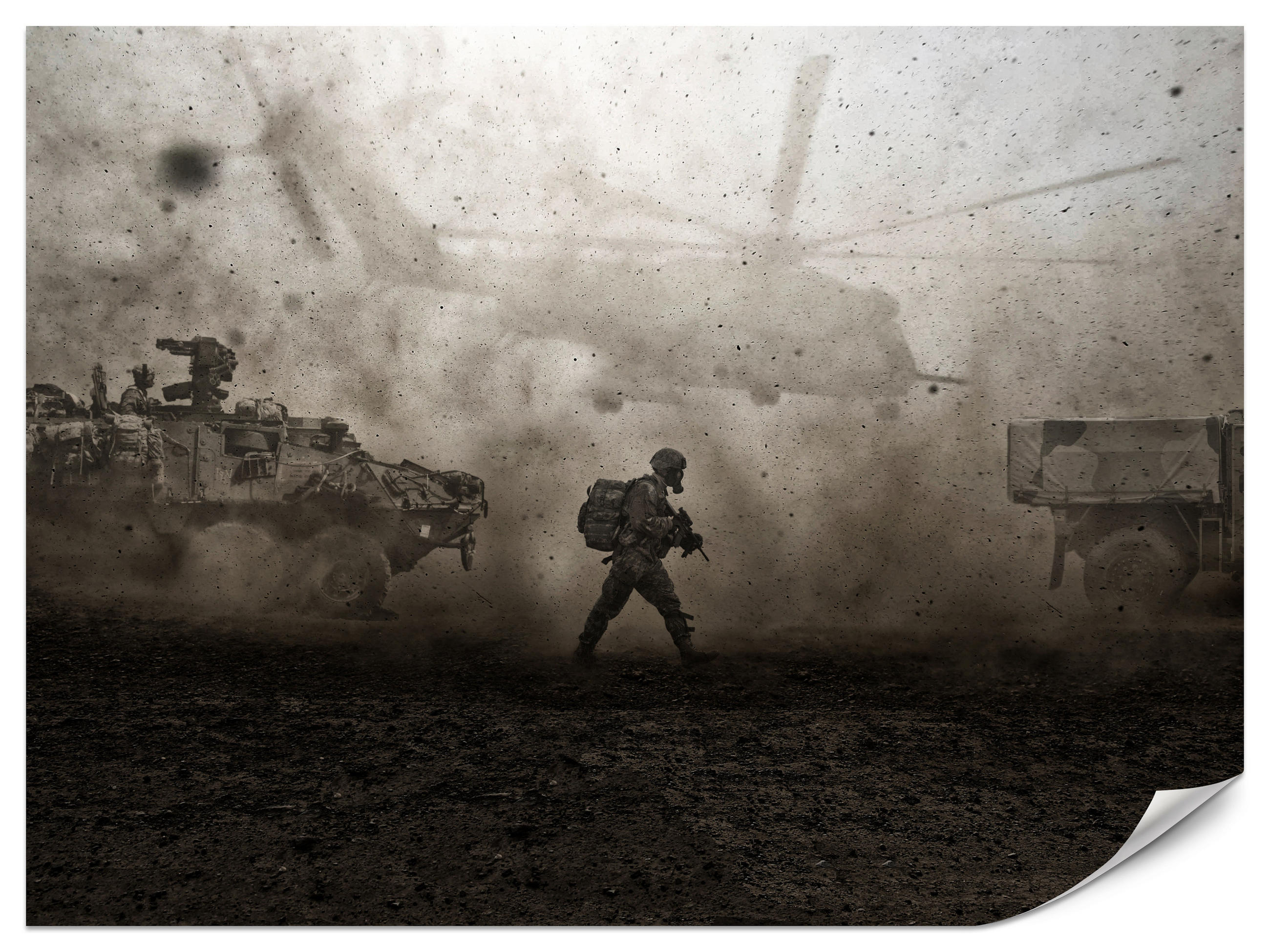 FOTOTAPETE für Jugendzimmer Wüste Militär Hubschrauber Panzer 200x140 - Beige/Schwarz, Papier (200/140cm) - Muralo