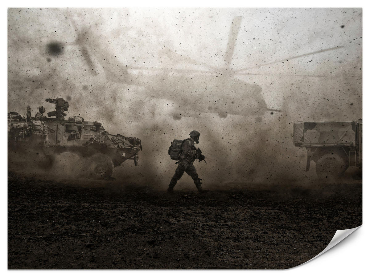 FOTOTAPETE für Jugendzimmer Wüste Militär Hubschrauber Panzer 200x140 - Beige/Schwarz, Papier (200/140cm) - Muralo