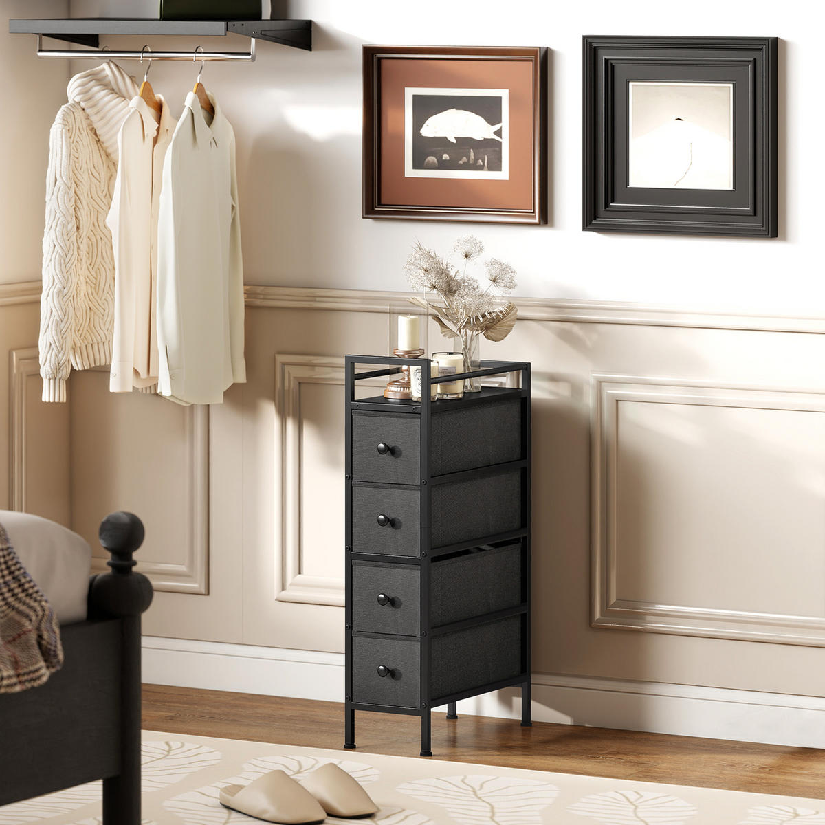 KOMMODE DE-08514 schmal, 4 Stoffschubladen mit Stahlrahmen Schwarz - Schwarz, Metall (20/81.5/43cm) - ComfortXL