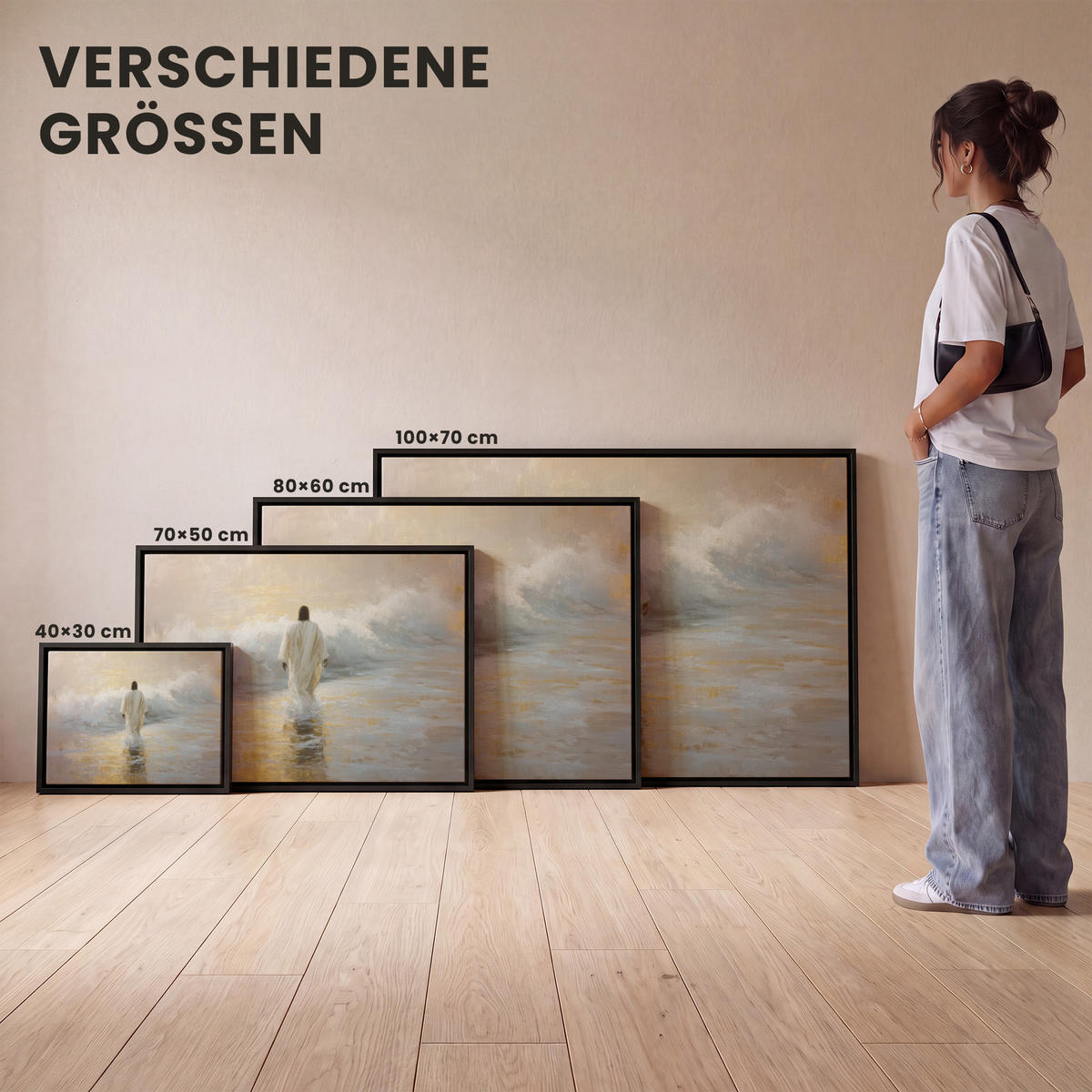 LEINWAND Bilder mit Rahmen - Gemälde - Welle - Jesus - Abstrakt - 80x60 - Goldfarben, Textil (80/60cm) - MuchoWow