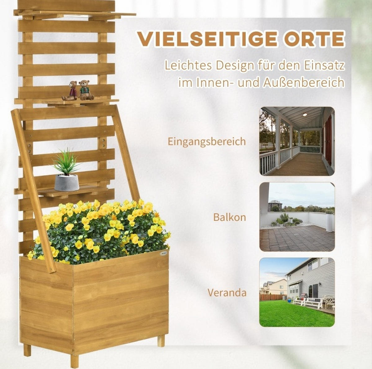 BLUMENKASTEN aus Holz 63x39x160 cm in Braun mit Rankgitter & 3 Ablagen - Braun, Holz (39/160/63cm) - Modfu