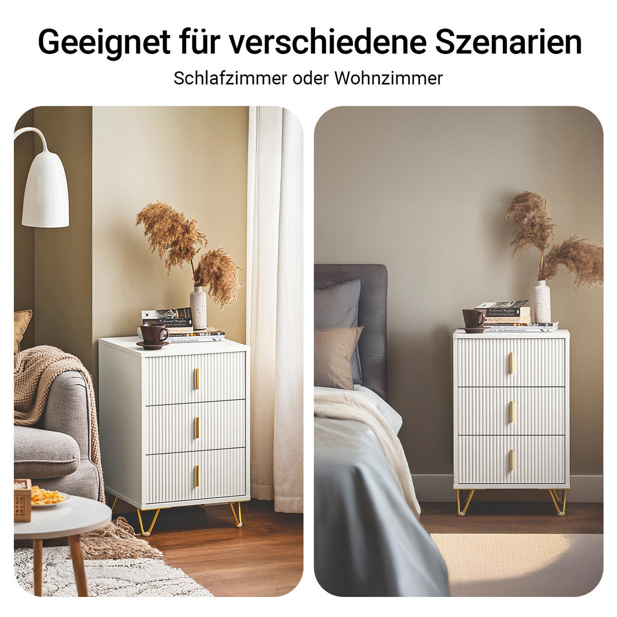 NACHTTISCH mit 3 Schubladen, Weiß, 40x63x40cm - Weiß, Holzwerkstoff/Metall (40/63/40cm) - SoBuy