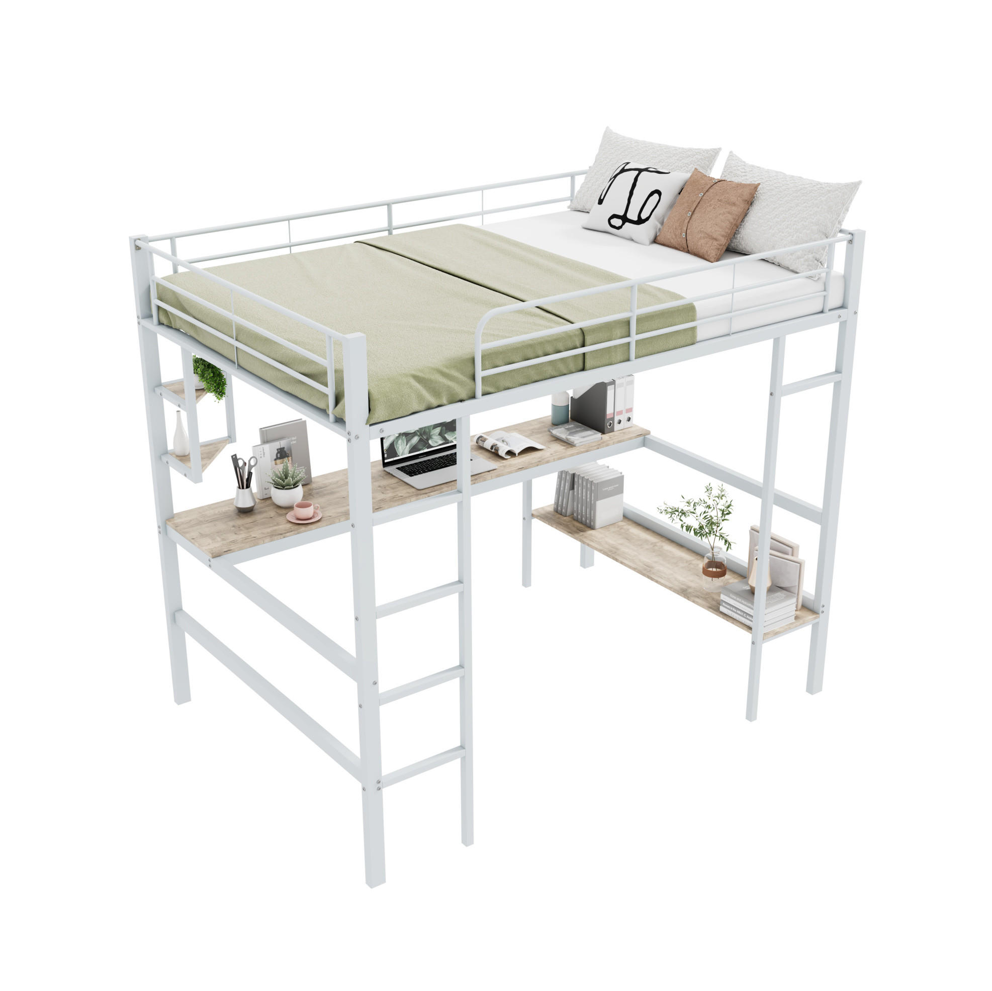HOCHBETT 140/200 cm aus Metall mit Schreibtisch und Regalen in Weiß - Weiß, Metall (140/200cm) - Flora Grace