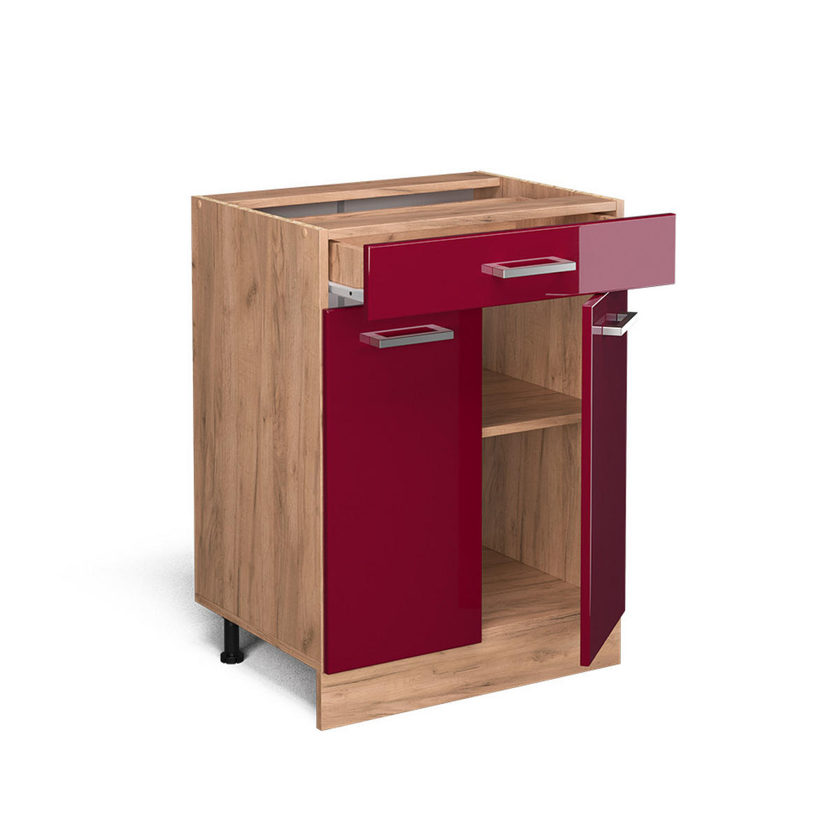 KÜCHENUNTERSCHRANK R-Line Rot Hochglanz 60 cm mit Schublade, ohne Arbeitsplatte - Honigeiche/Bordeaux, Holzwerkstoff (60/81.6/46cm) - Vicco