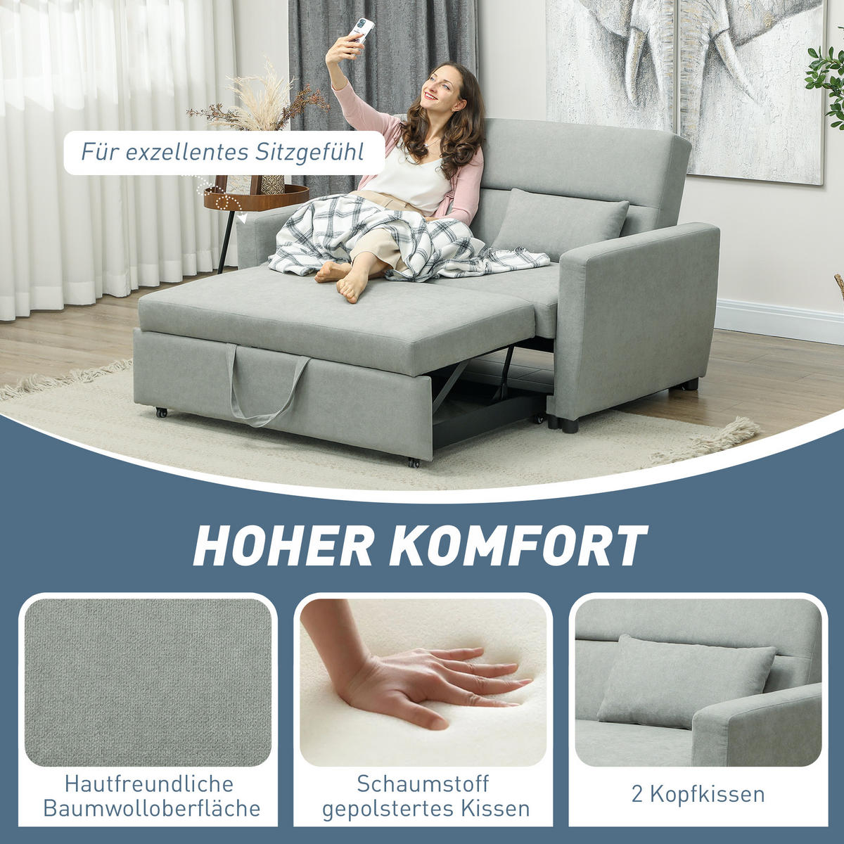 SCHLAFSOFA 2-Sitzer, Verstellbare Rückenlehne, Hellgrau - Hellgrau, Textil (155/88.5/90cm) - HOMCOM