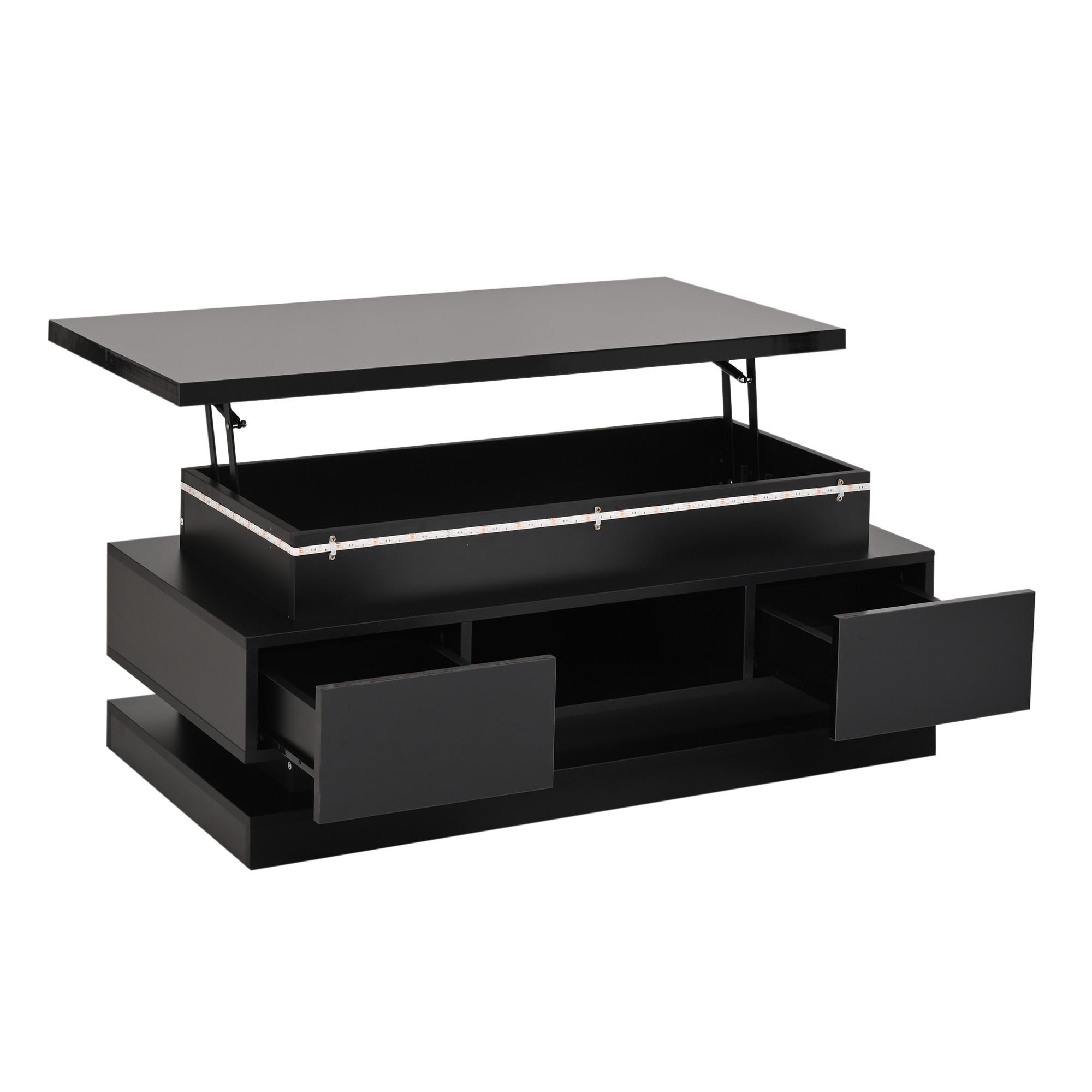 COUCHTISCH anhebbar Schwarz 2 Schubladen LED 100x50x40cm - Schwarz, Holzwerkstoff (100/50/40cm) - FLIEKS