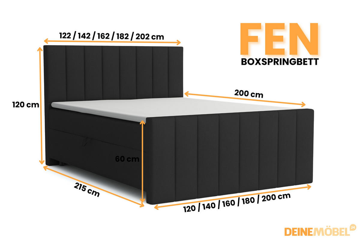 BOXBETT FEN 200/200 Velours Schwarz mit Taschen-Federkernmatratzen 7 Zonen H4 - Schwarz, Holz/Holzwerkstoff (200/200cm) - Deine Möbel 24