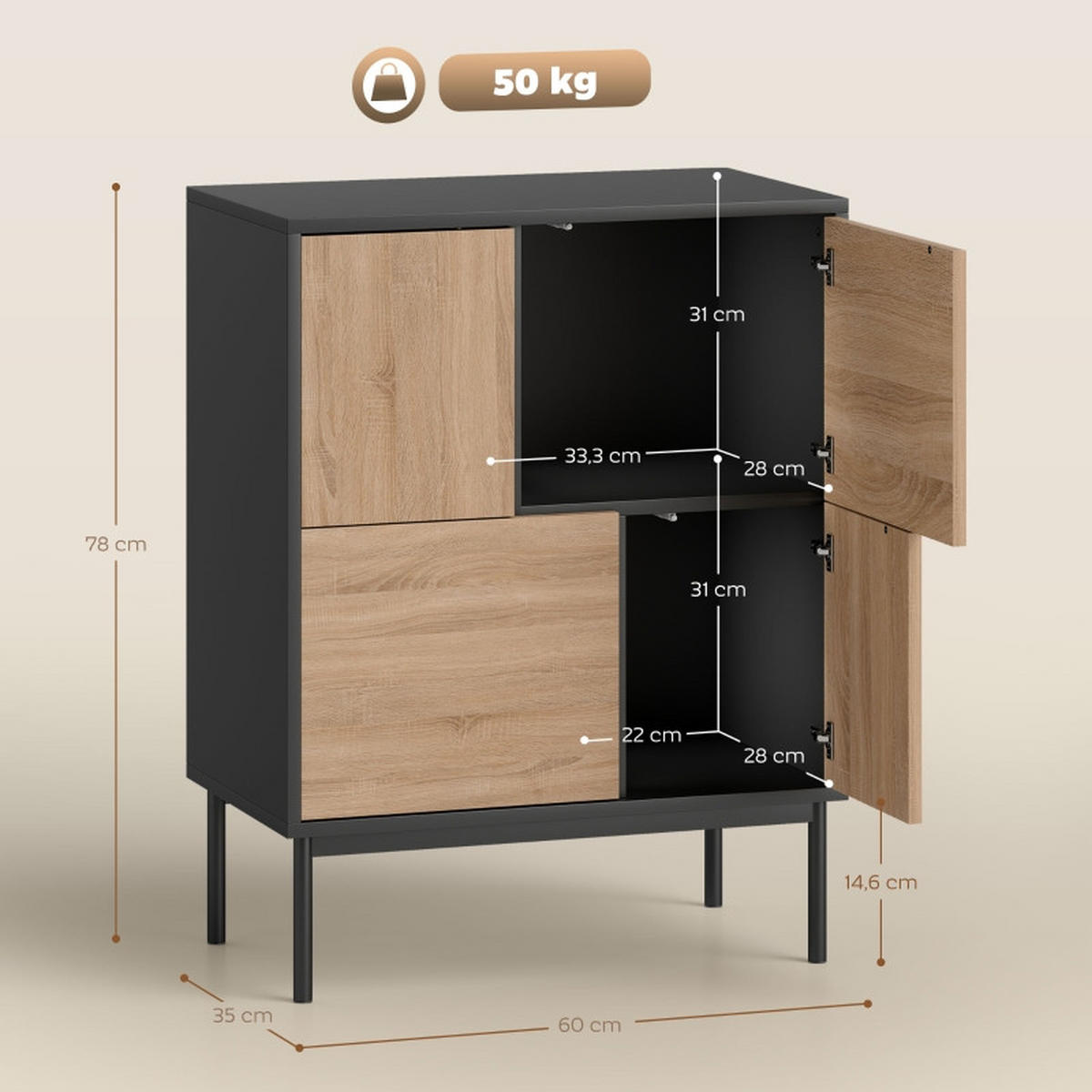 SIDEBOARD mit Push-to-Open Türen und Metallbeinen in Schwarz/Naturholzoptik - Schwarz, Holz (60/78/35cm) - BEAOK
