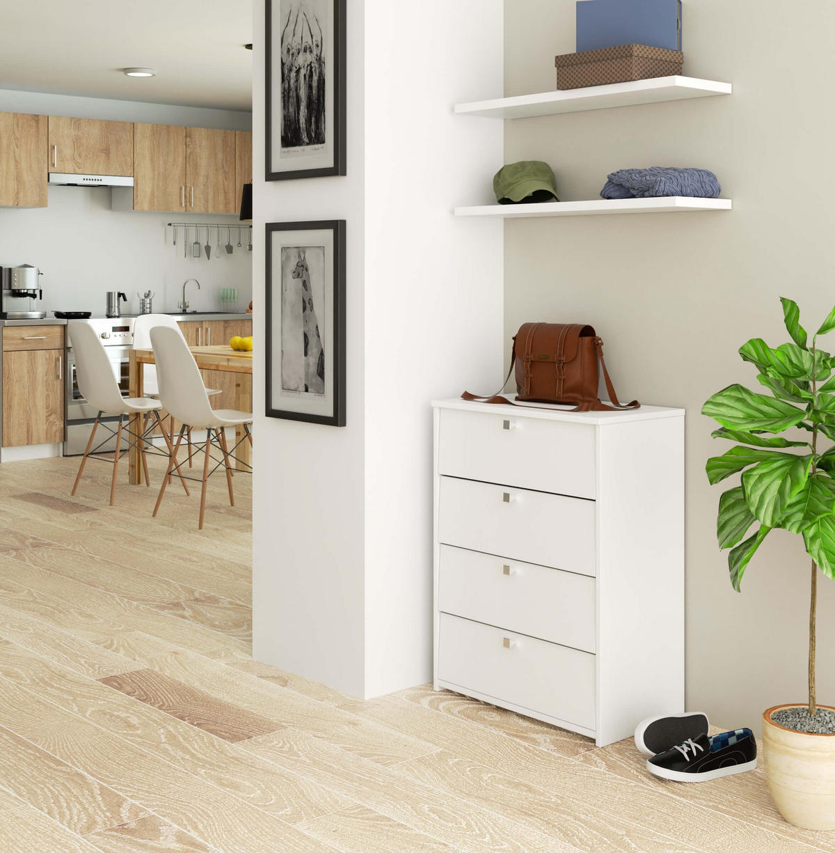 SCHUHSCHRANK mit 4 Schuhregalen, Weiß, 60x80x33 cm - Weiß, Holz (60/80/33cm) - Milordbikes