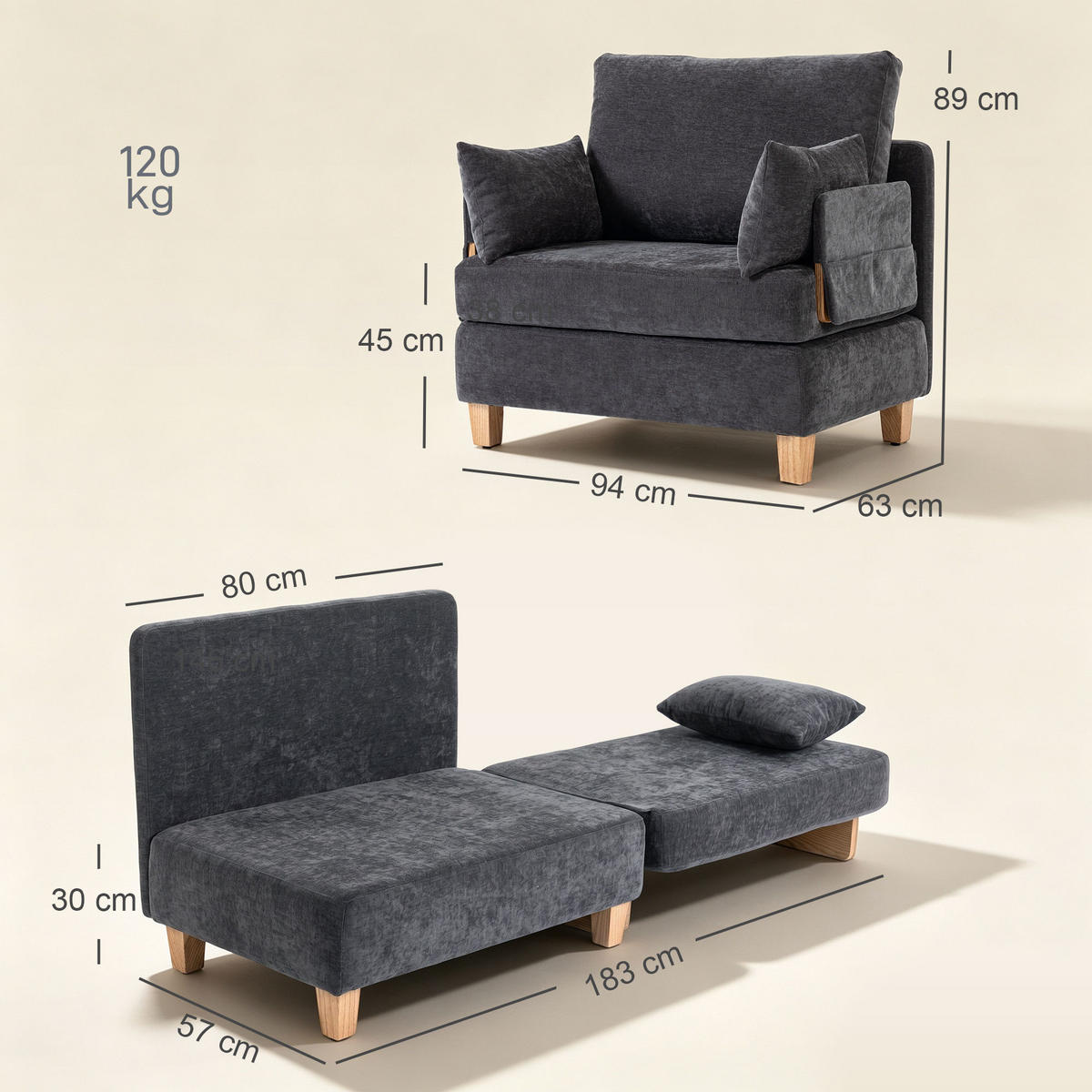 SCHLAFSESSEL Polyester Dunkelgrau - Dunkelgrau/Naturfarben, Holz/Textil (63/89/94cm) - HOMCOM