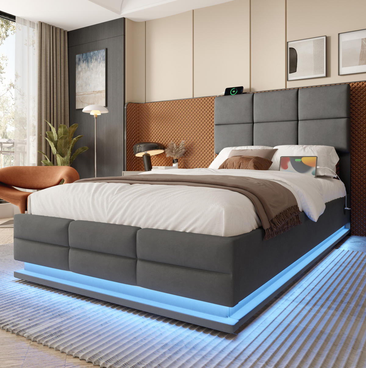 ČALOUNĚNÁ postel ze sametu, 90/200 cm tmavě šedá, LED osvětlení, USB a úložný prostor - tmavě šedá, textil (90/200cm) - Modenvie