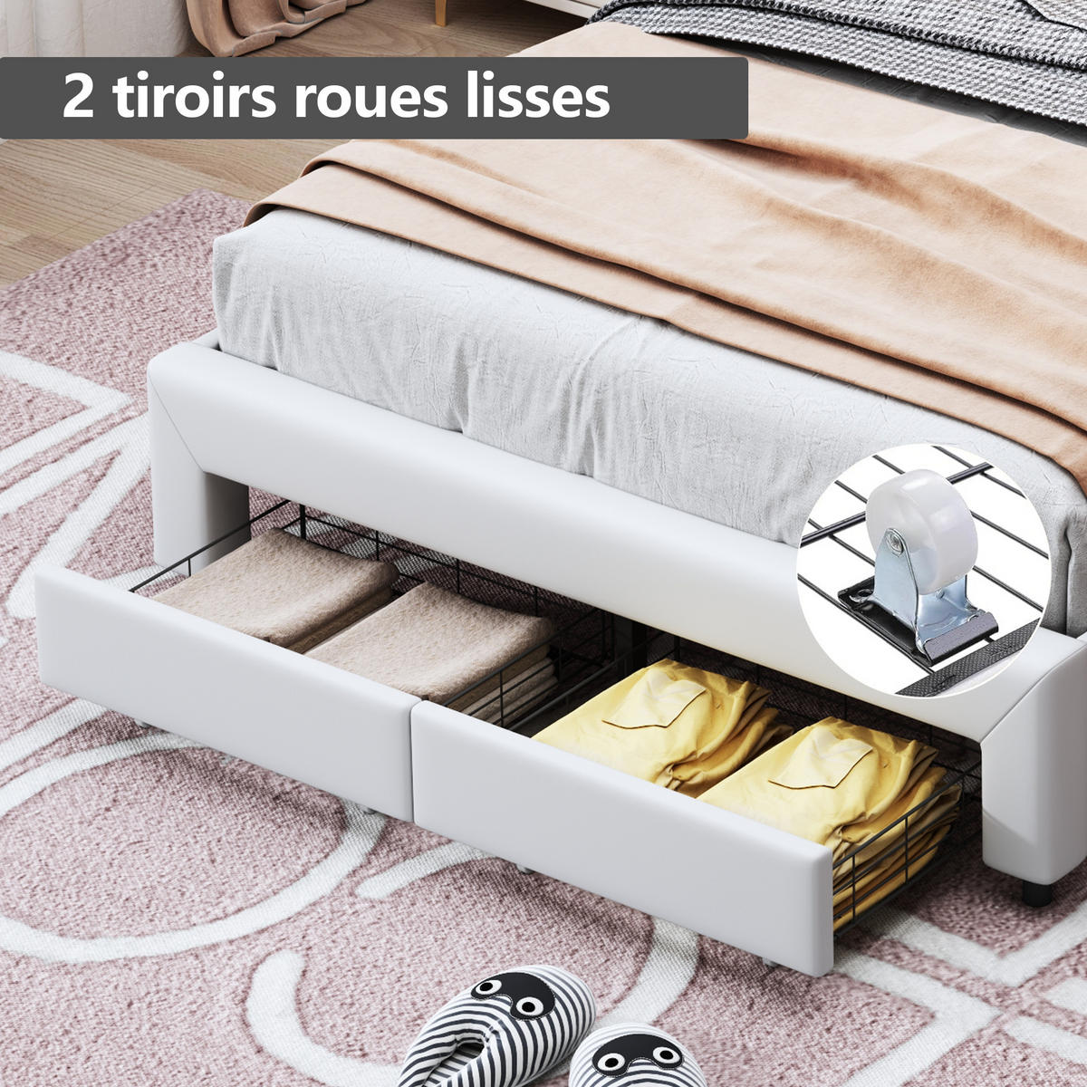 POLSTERBETT 140x200 cm mit LED-Leuchten & Schubladen, Lattenrost und Rückenlehne, Weiß - Weiß, Textil/Metall (140/200cm)