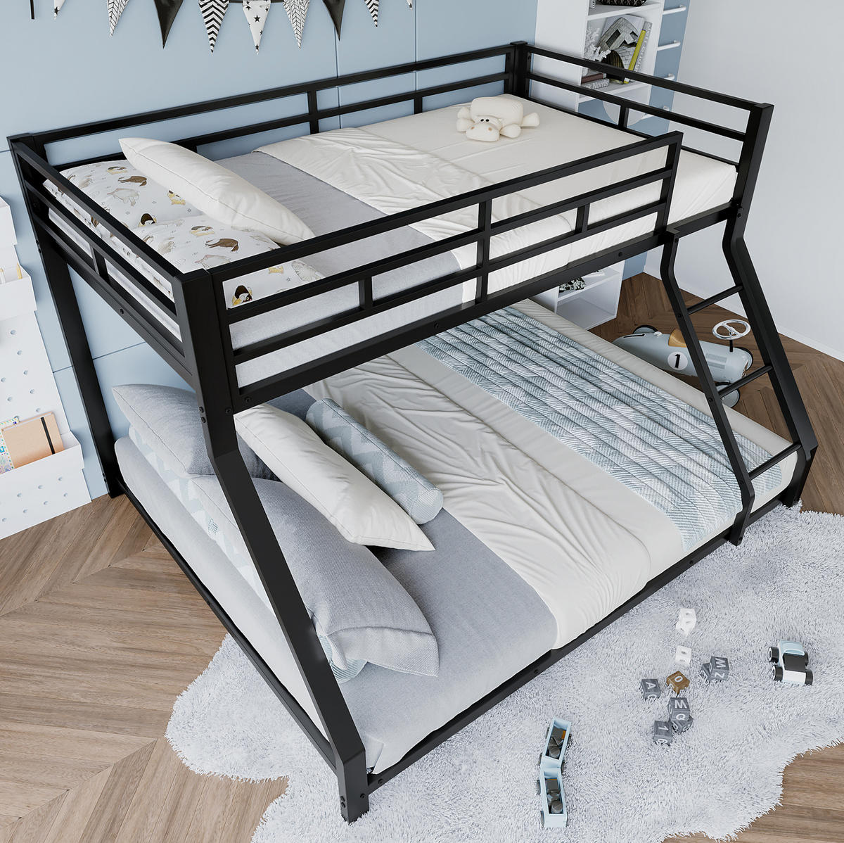 ETAGENBETT 90x200/140x200 cm in Schwarz – Metall, mit Treppe und Geländer - Schwarz, Metall (90/200cm) - Modenvie