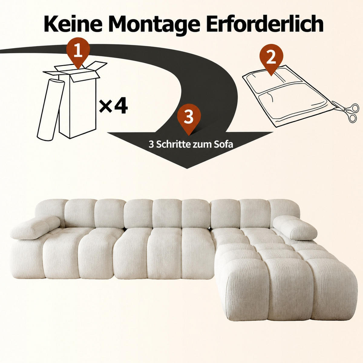 ECKSOFA 300/200/68 cm Weiß Stoff mit 1 Fußhocker - Weiß, Textil (200/300cm) - Oxeza