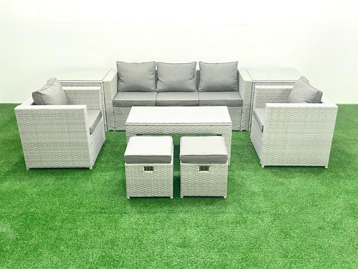 GARTENSET mit 3-SITZER SOFA,COUCHTISCH Polyrattan Hellgrau-Mix 7-Sitzer - Hellgrau/Grau, Glas/Kunststoff - Fimous