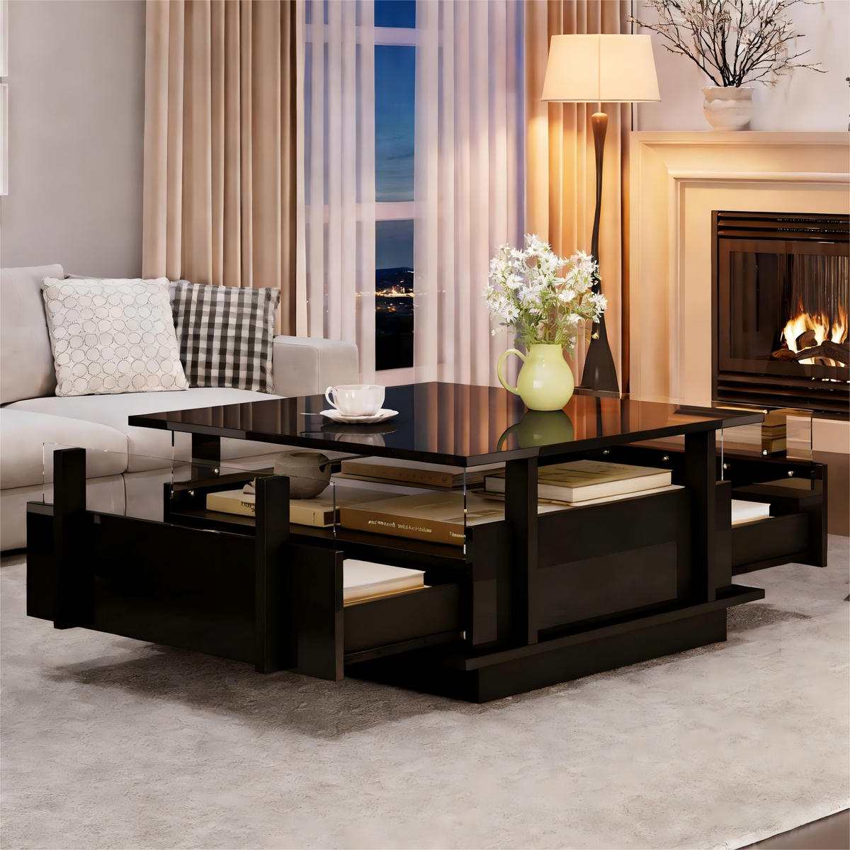 COUCHTISCH 70/70/35 cm Schwarz aus Holzwerkstoff mit LED-Beleuchtung und 2 Schubladen - Schwarz, Holzwerkstoff (70/70/35cm) - OKWISH