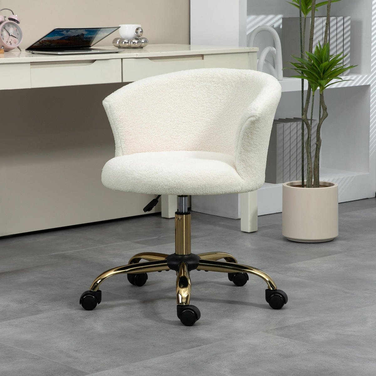 SCHREIBTISCHSTUHL, höhenverstellbarer Bürostuhl mit Teddy-Fleece-Optik Weiß - Goldfarben/Weiß, Textil/Metall (56/76/58cm) - Vinsetto