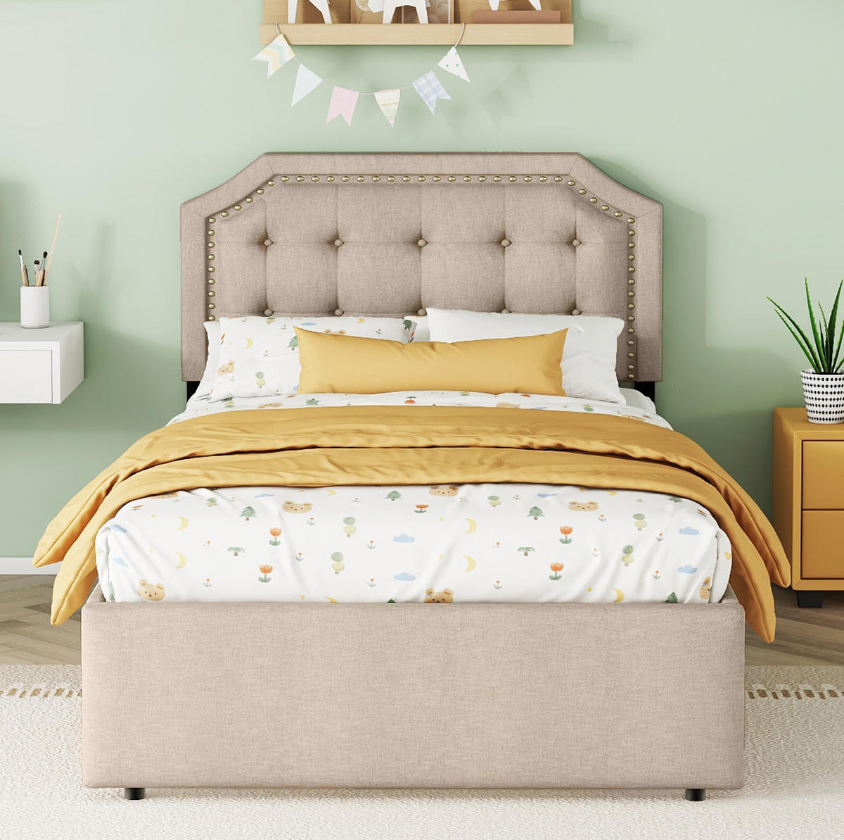 POLSTERBETT 90/200 cm in Dunkelbeige mit 2 Schubladen und verstellbarem Kopfteil - Beige, Textil (90/200cm) - Flora Grace