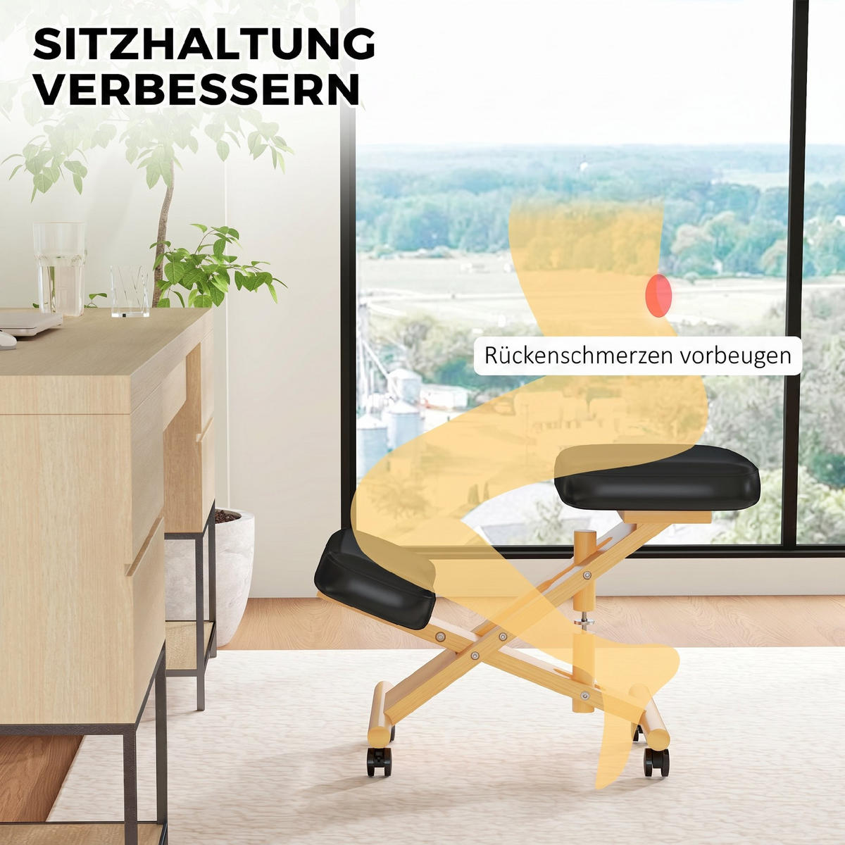 KNIESTUHL Kunstleder, Gummibaumholz Schwarz - Schwarz, Holz (42/47/70cm) - HOMCOM