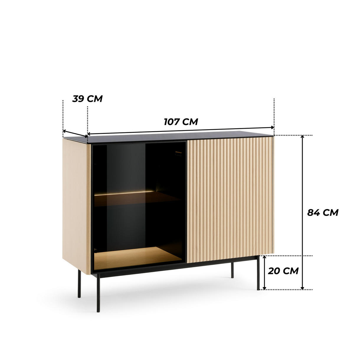 SIDEBOARD DIJON K107 107 cm (Vicenza Eiche, Glasplatte, Antisol-Glas, LED) - Eichefarben/Schwarz, Glas/Holz (107/84/39cm) - Ravio