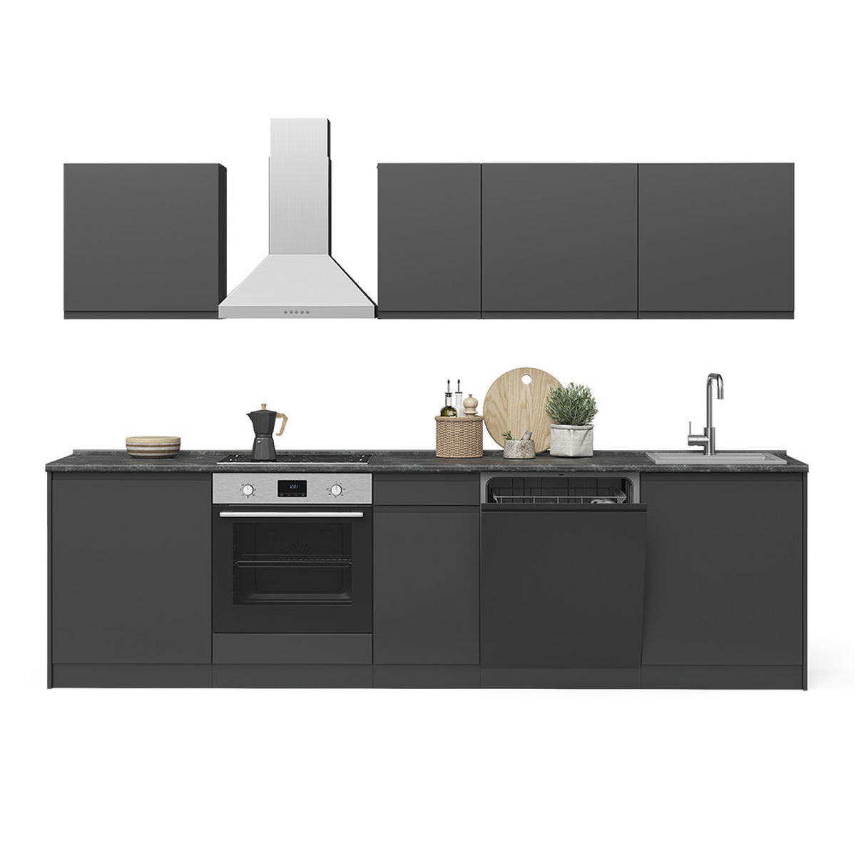 KÜCHENZEILE R-Line, Anthrazit/Anthrazit, 280 cm Arbeitsplatte Satin - Anthrazit, Holzwerkstoff (280/206.8/60cm) - Vicco