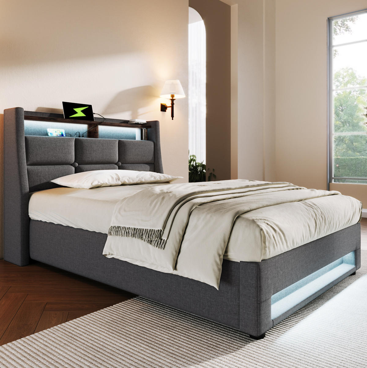 POLSTERBETT mit Stauraum, USB und LED 90x200 cm Leinen Grau - Grau, Metall (90/200cm) - Meubliv