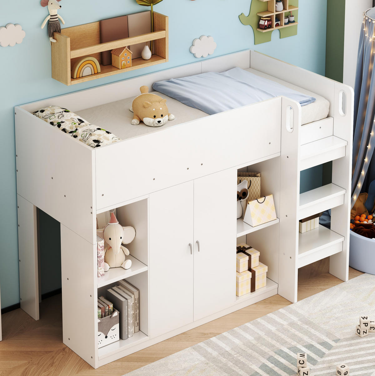 HOCHBETT 90/200 cm mit Stauraum, Schrank und Regalen in Weiß/Grau - Weiß, Holz (90/200cm) - Flora Grace