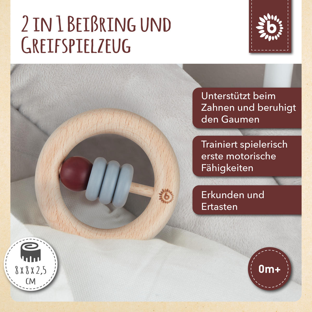 HOLZ Beißring mit Silikonball Rund - ab - Multicolor, Holz (8/8cm) - Bieco Spielwaren