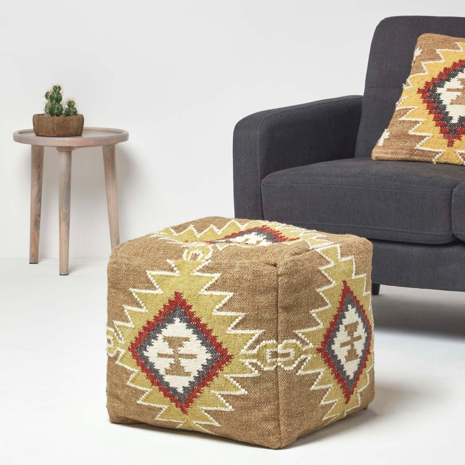 KELIM-POUF Jaipur mit Ethno-Muster, 43/43/43 cm - Multicolor, Textil (43/43/43cm) - Homescapes