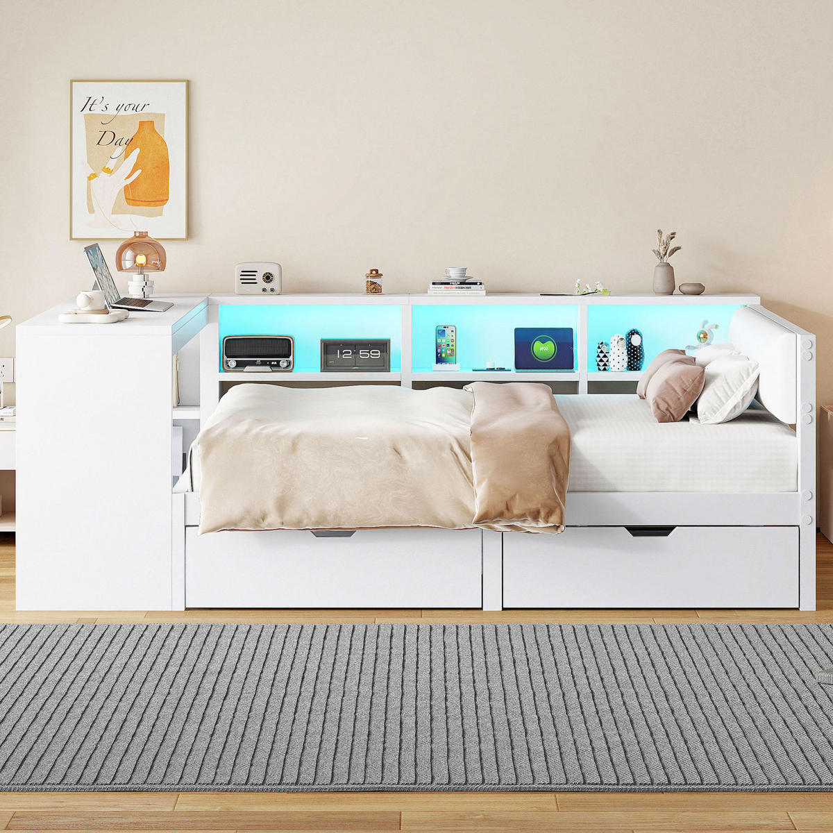 BETT 140/200 cm Weiß mit Schubladen, Ablagen und LED-Beleuchtung - Weiß, Holzwerkstoff (140/200cm) - Flora Grace