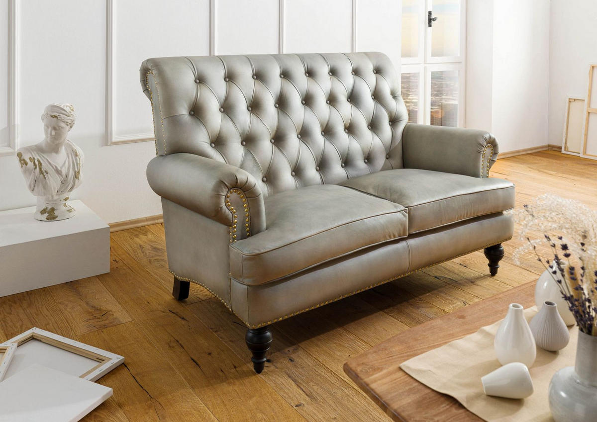 SOFA 2-Sitzer Echtleder 140x84x94 grau CHESTERFIELD #206 - Grau, Leder (140/94/84cm) - Massivmoebel24